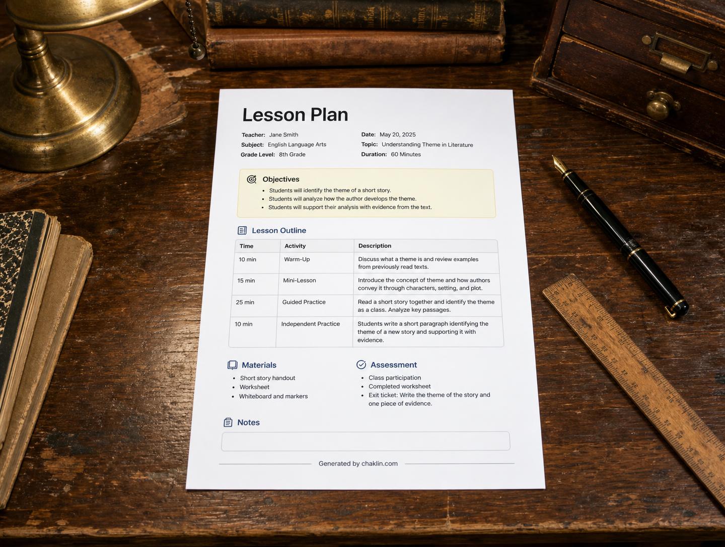 A finished lesson plan generated by chaklin.com resting on a vintage wooden teacher's desk